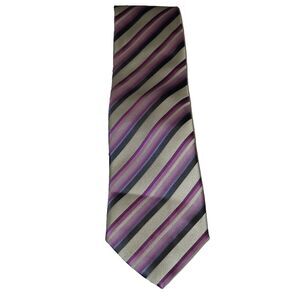Geoffrey Beene Pink, Gray & White Diagonally Striped 100% Silk Necktie